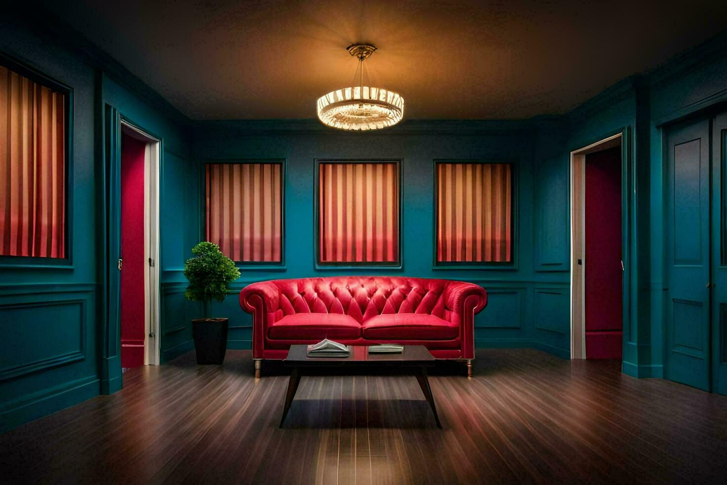 a red couch in a room with blue walls. AI-Generated photo