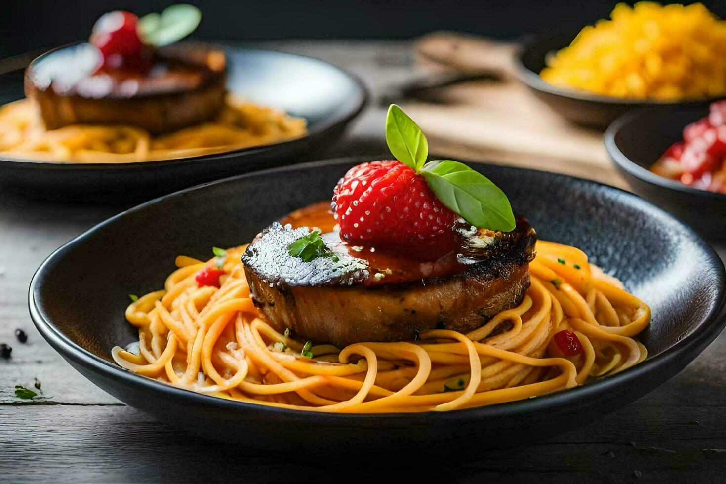 a plate of spaghetti with meat and berries. AI-Generated photo