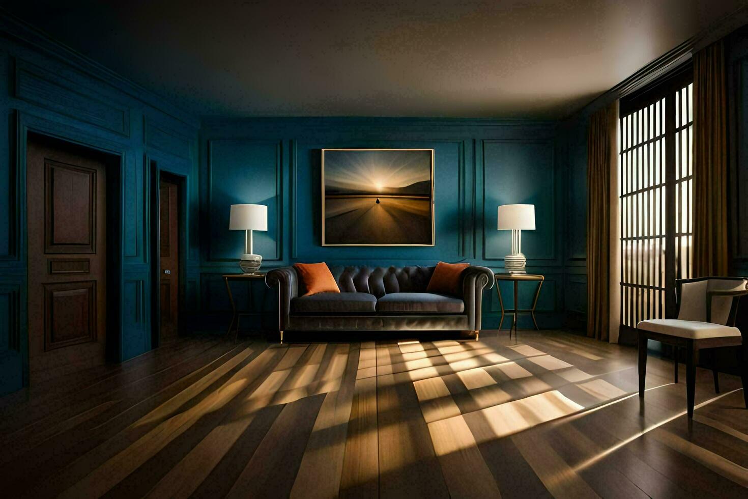 a room with blue walls and wood floors. AI-Generated photo