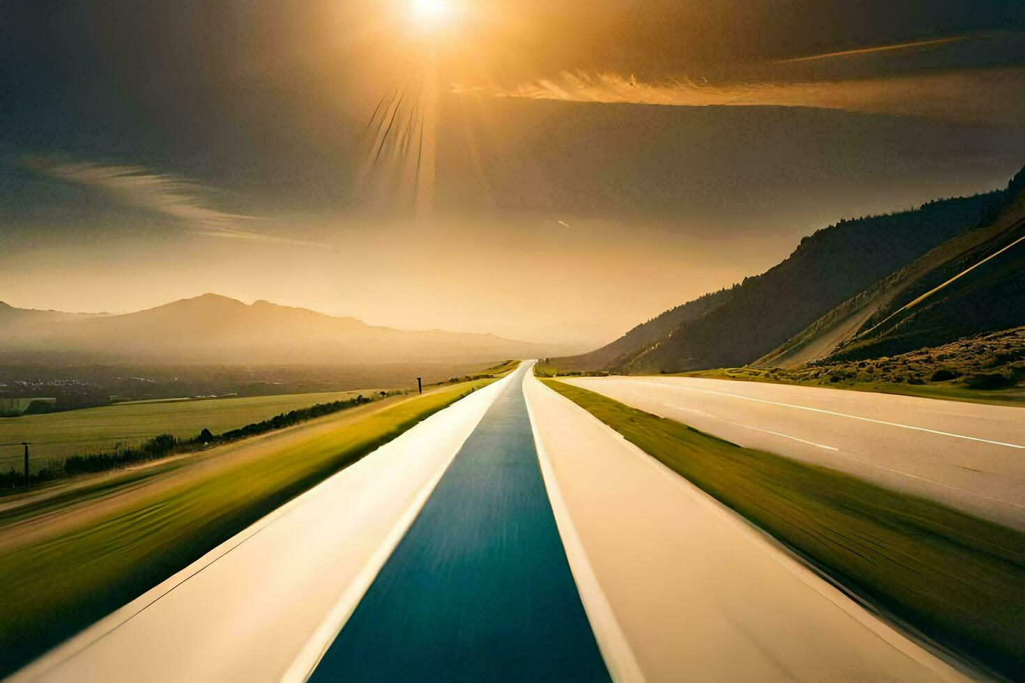a long road with the sun shining in the background. AI-Generated photo
