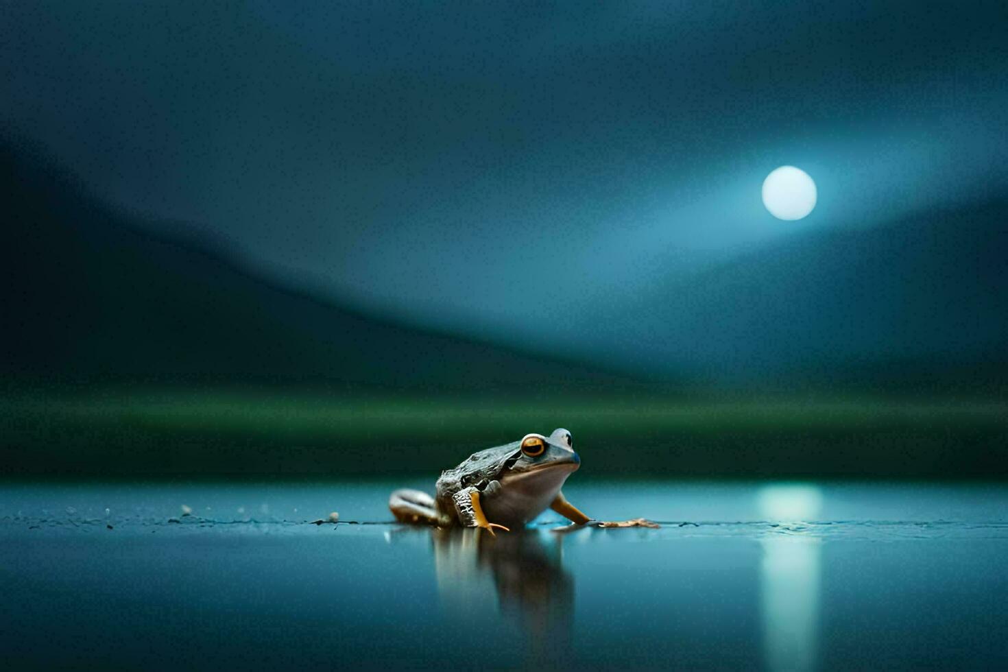 un rana sentado en el agua a noche con un lleno Luna. generado por ai foto