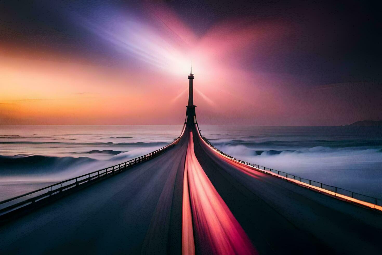 a long exposure photograph of a bridge over the ocean. AI-Generated photo