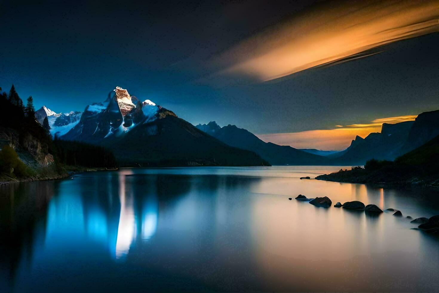 a mountain range is reflected in the water at night. AI-Generated photo