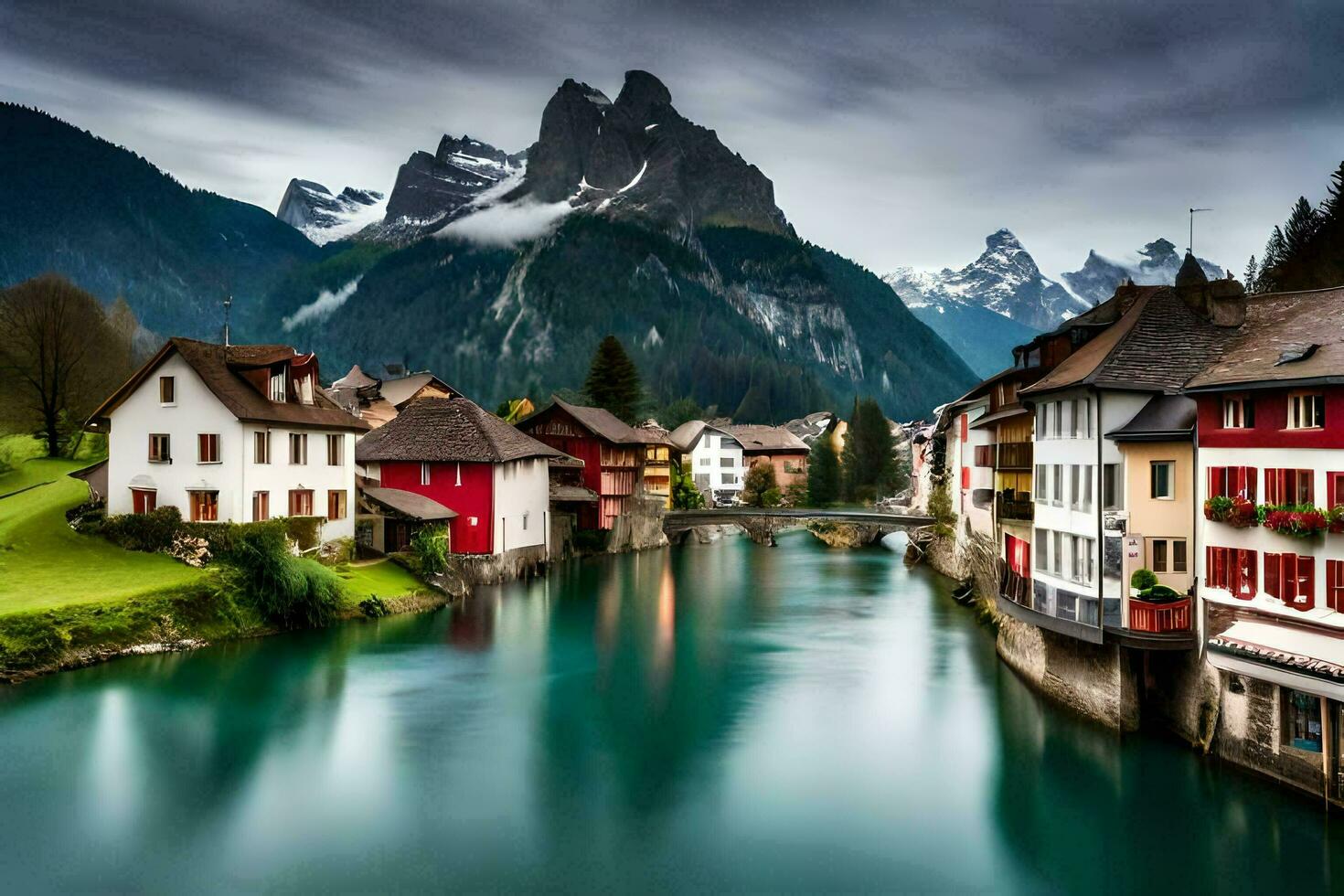 a river runs through a town in the mountains. AI-Generated photo
