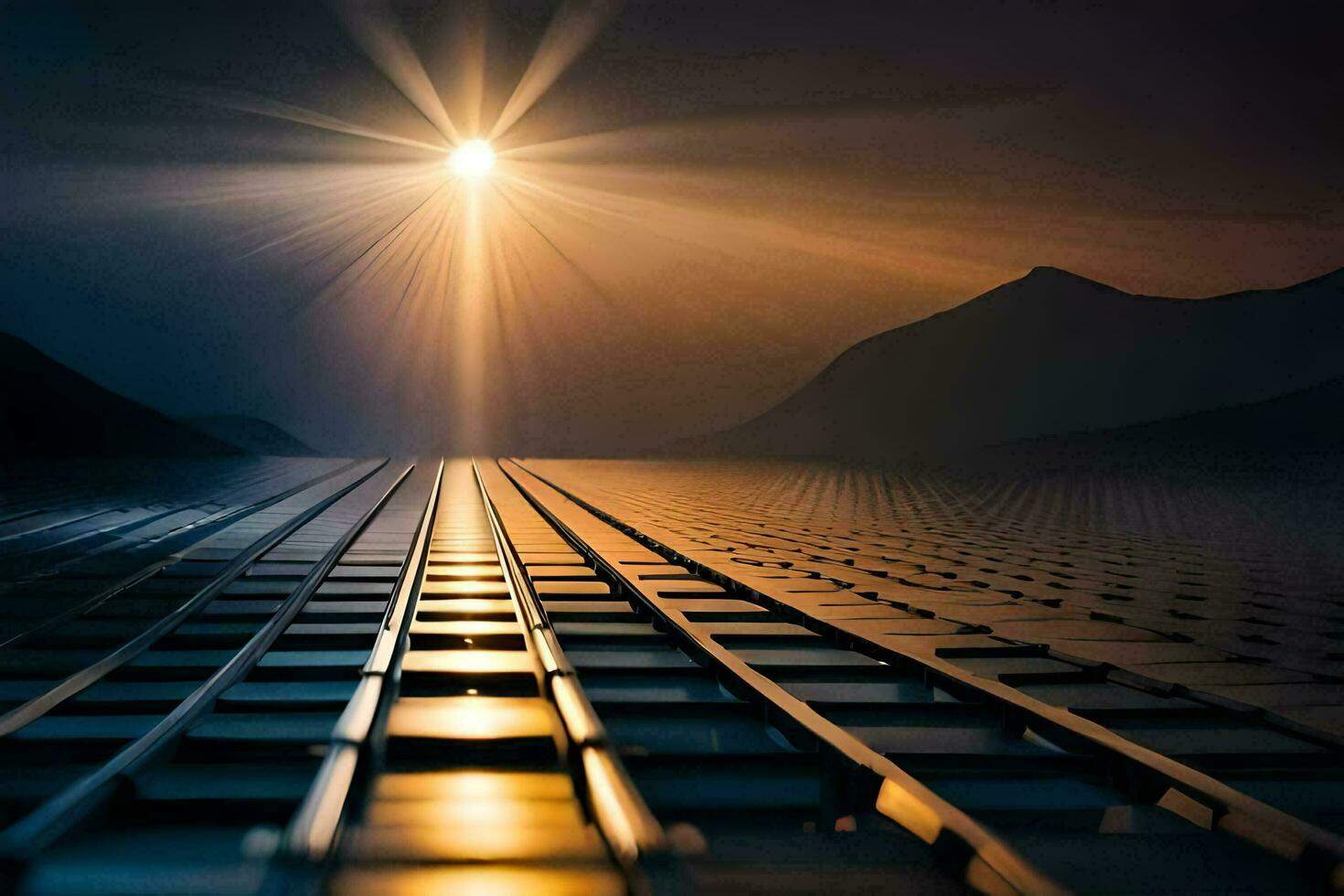 a train track with the sun shining over it. AI-Generated photo