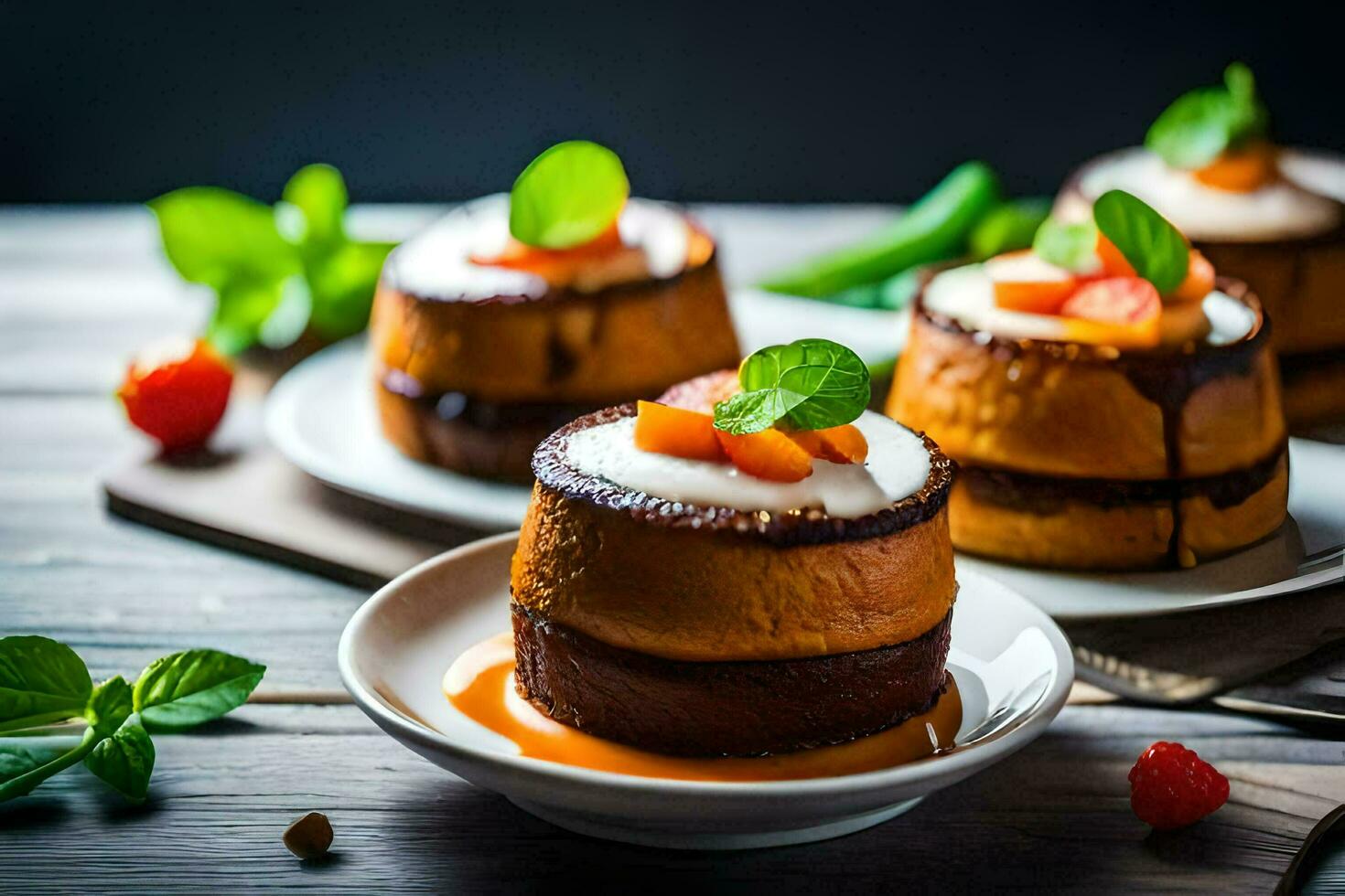 three small cakes with cream and fruit on a wooden table. AI-Generated photo