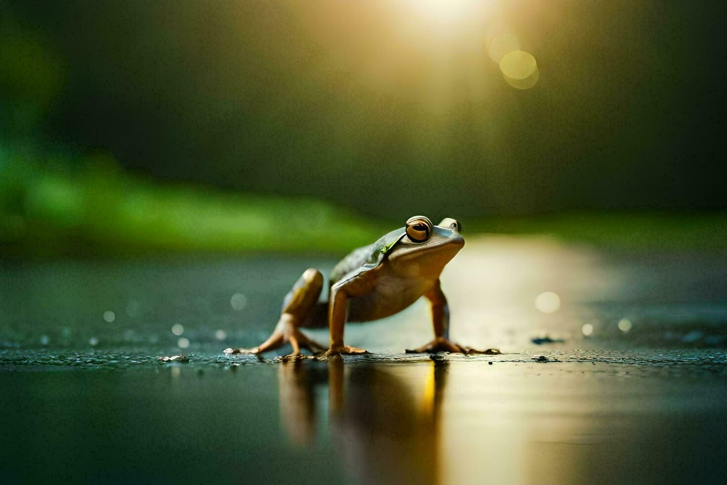 a frog standing on the wet ground with the sun shining. AI-Generated photo