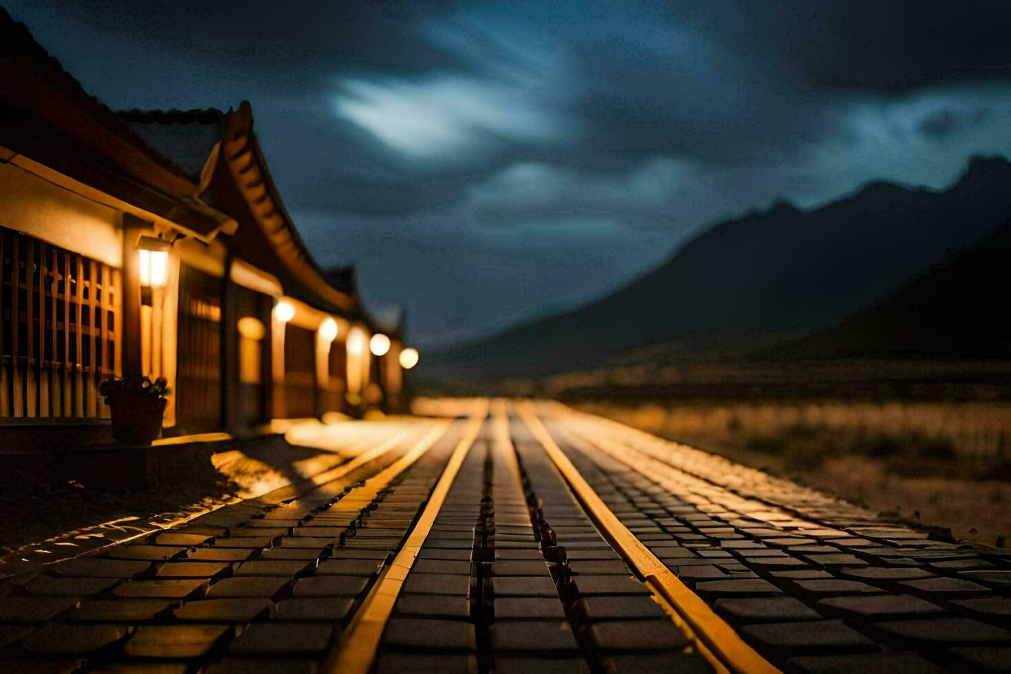 a long train track in the middle of a town. AI-Generated photo