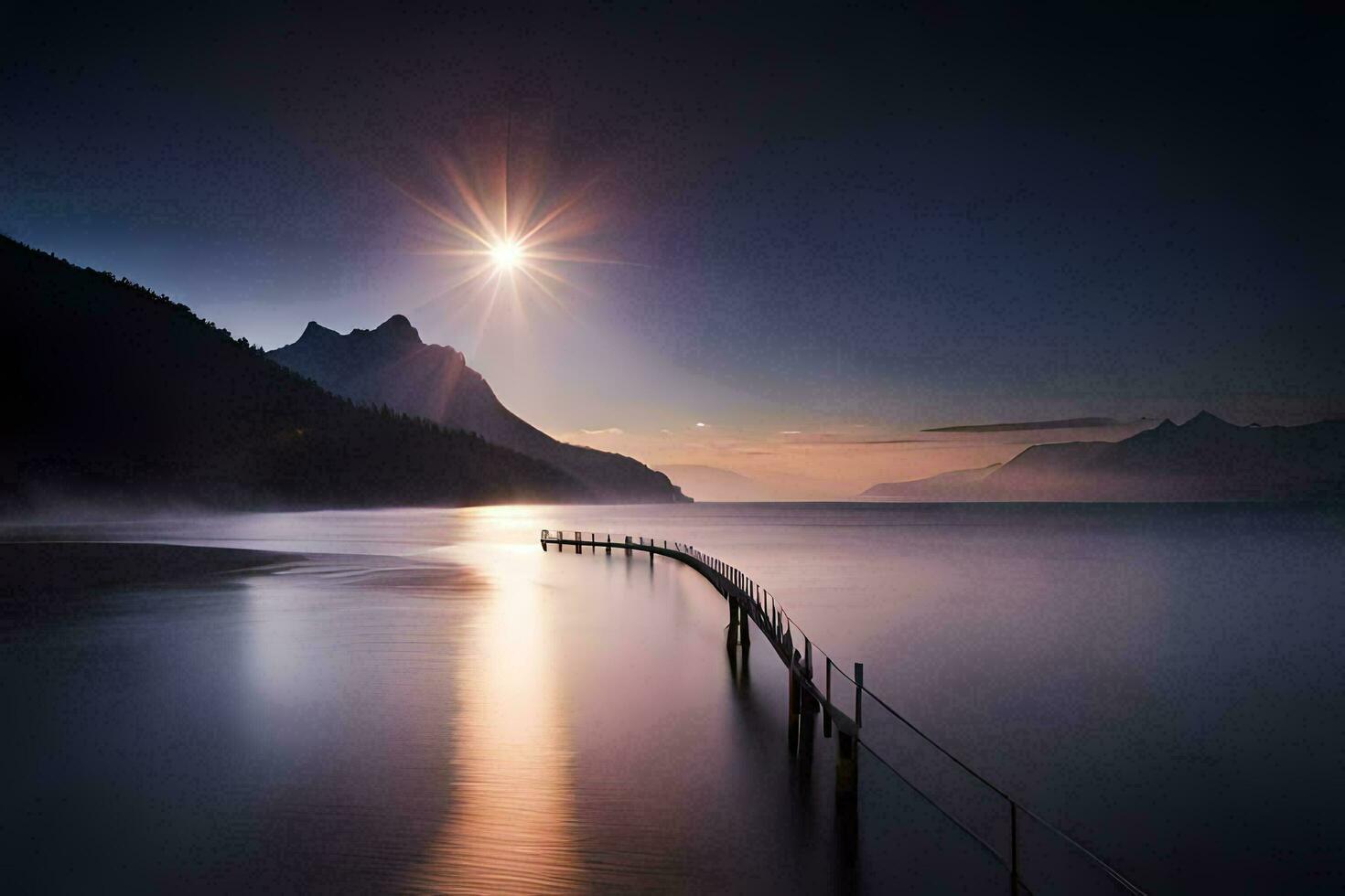 un muelle en el agua a puesta de sol con montañas en el antecedentes. generado por ai foto