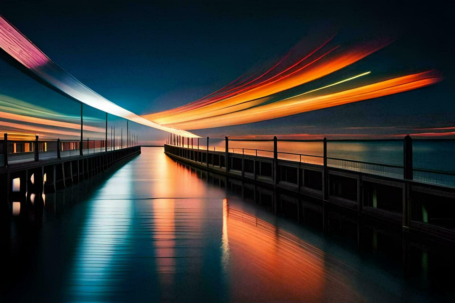 a long exposure photograph of a dock at night. AI-Generated photo