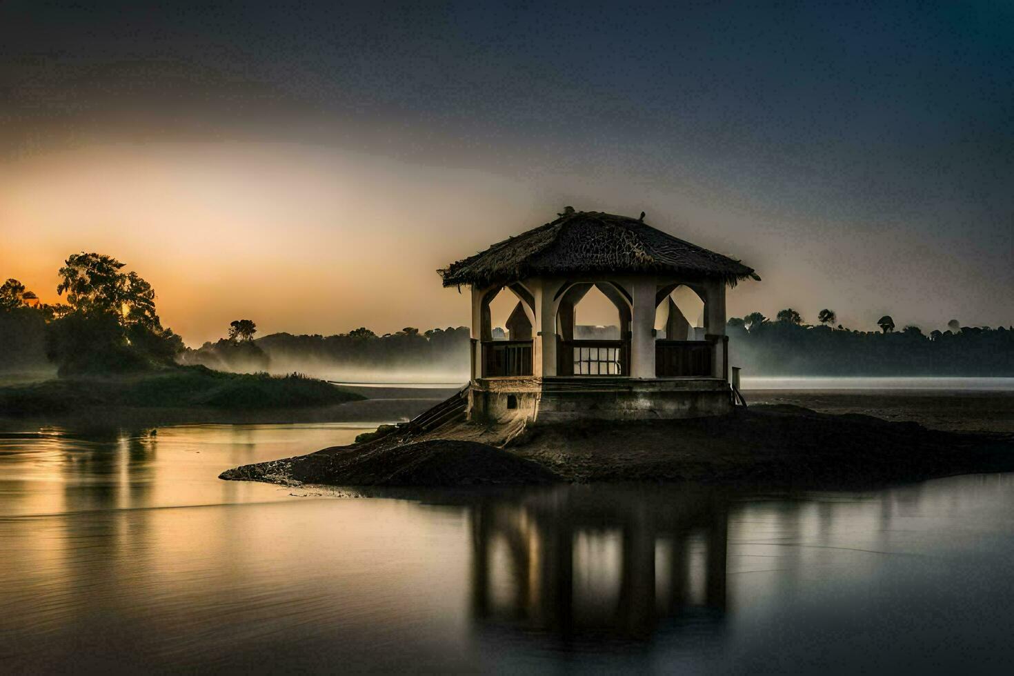 a gazebo sits on the shore of a lake at sunrise. AI-Generated photo