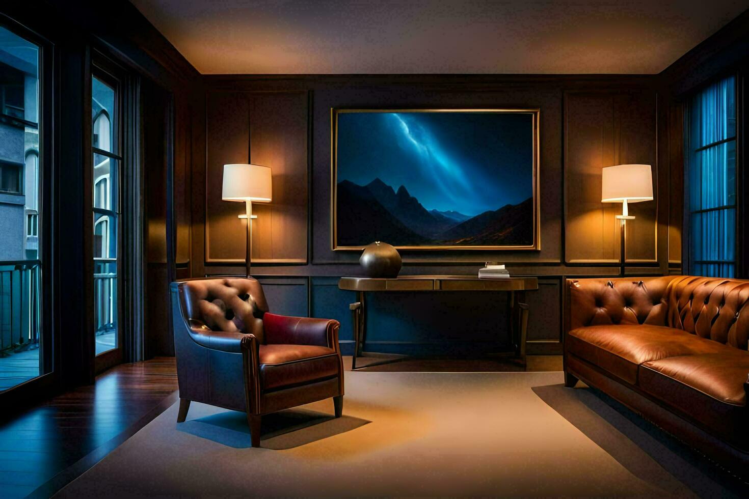 the living room has a leather couch and a painting on the wall. AI-Generated photo