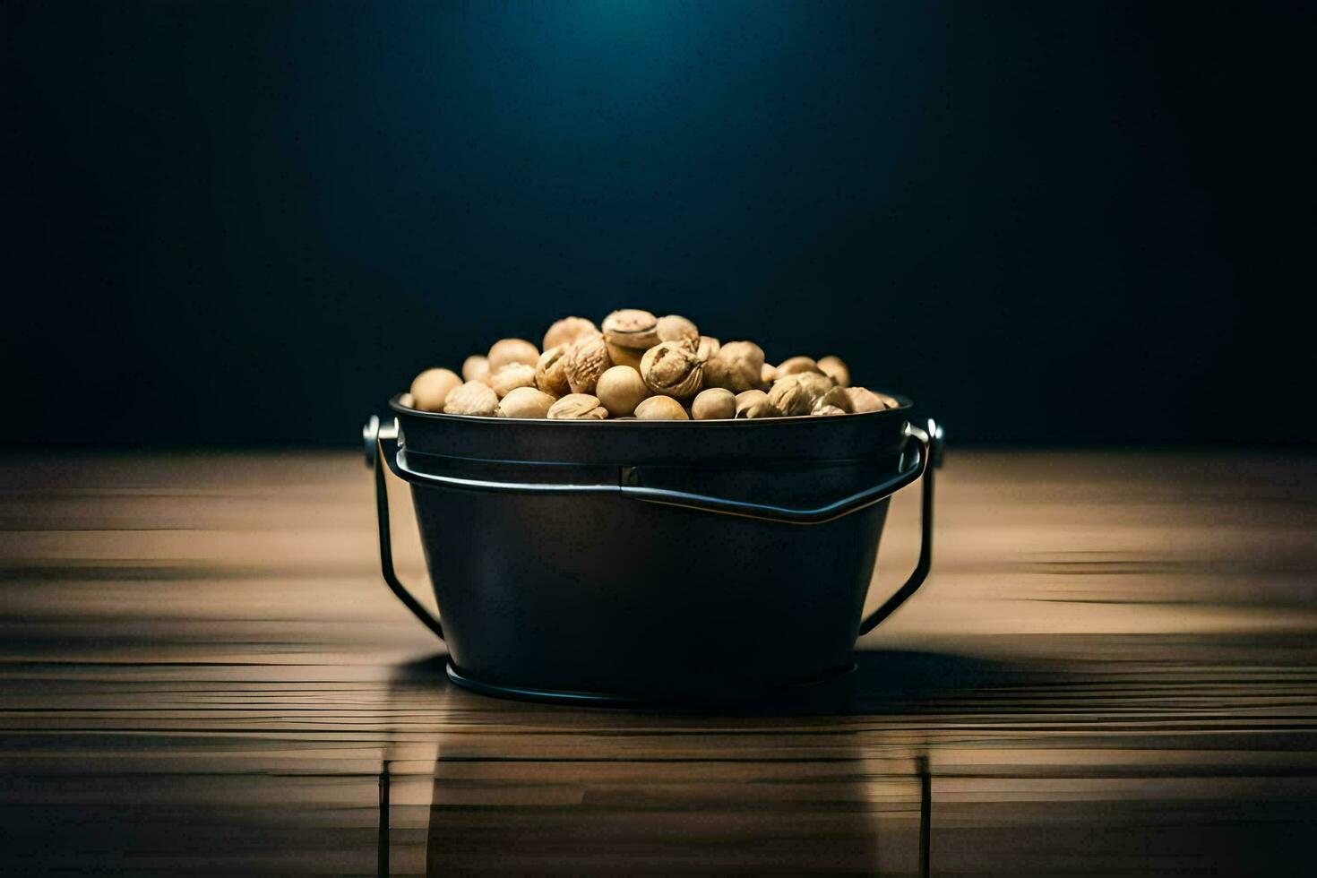 a bucket filled with peanuts on a wooden table. AI-Generated photo