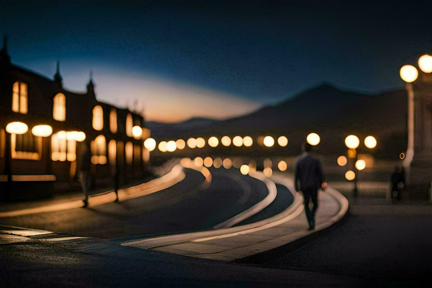 a man walking down a street at night with lights. AI-Generated photo