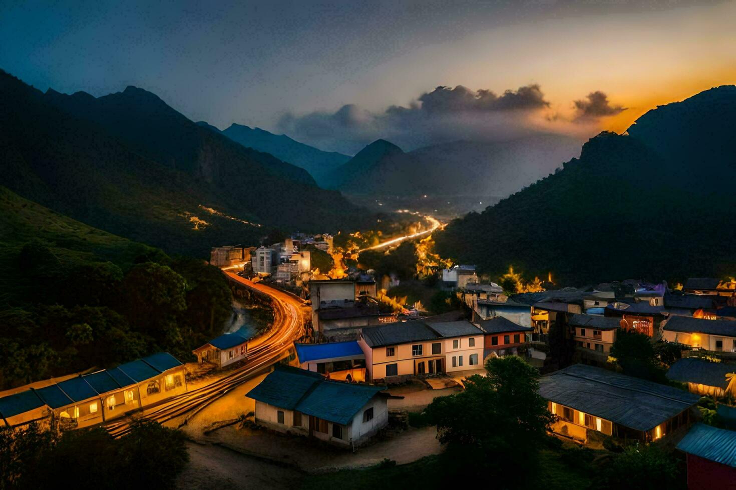 a village at dusk in the mountains. AI-Generated photo