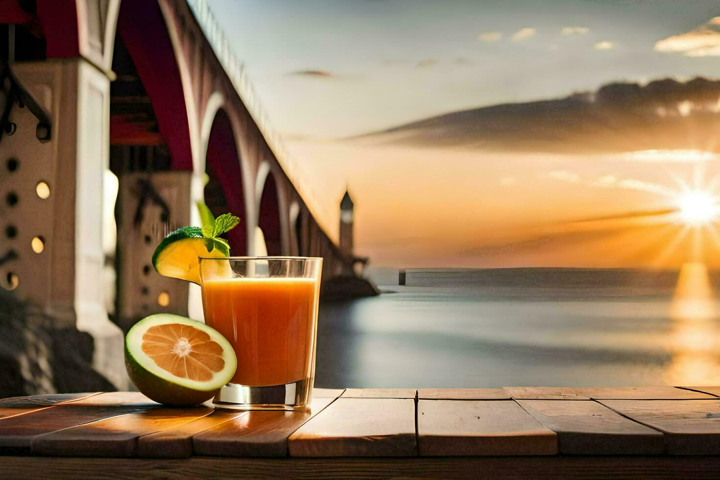 a glass of orange juice with a slice of lime on a table in front of a bridge. AI-Generated photo