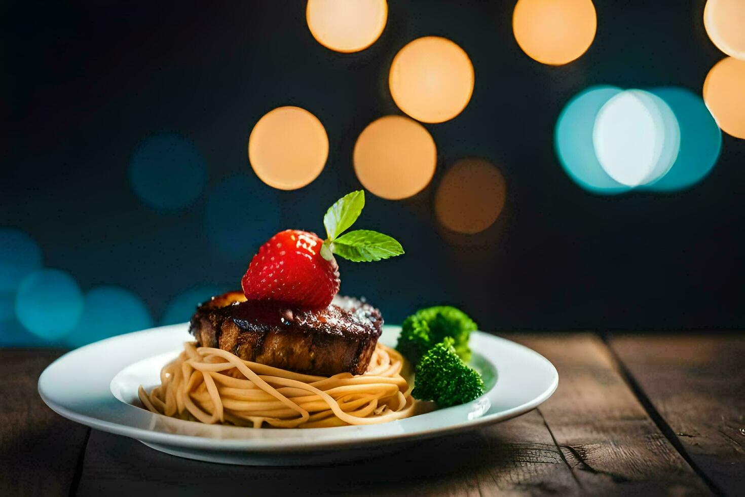 a plate with spaghetti and meat on a wooden table. AI-Generated photo