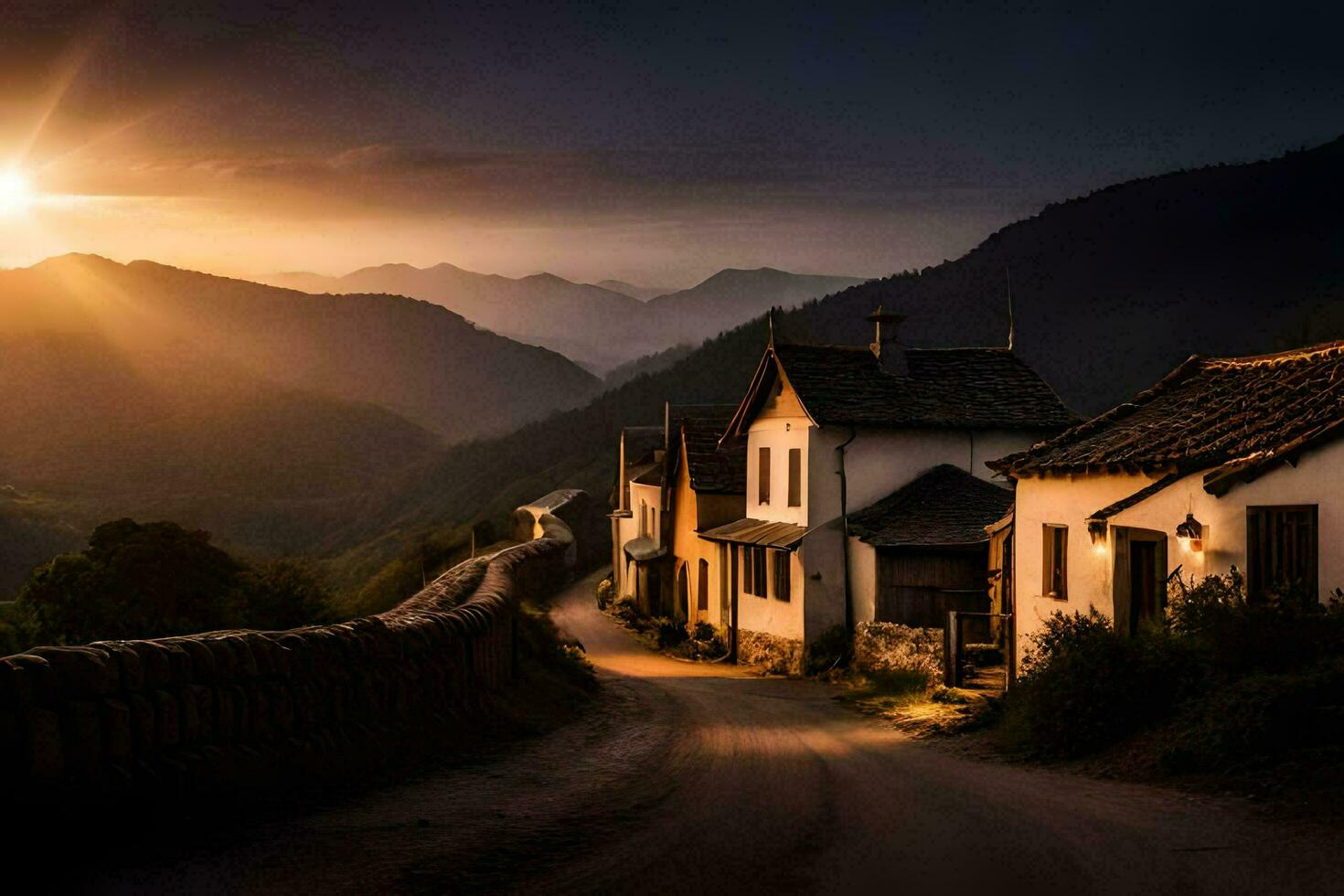 photo wallpaper the sky, mountains, the sun, the mountains, the road, the village,. AI-Generated