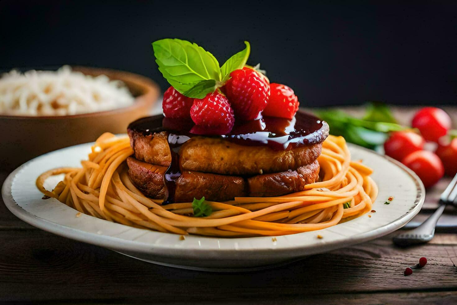 a plate of spaghetti with tomato sauce and strawberries. AI-Generated photo