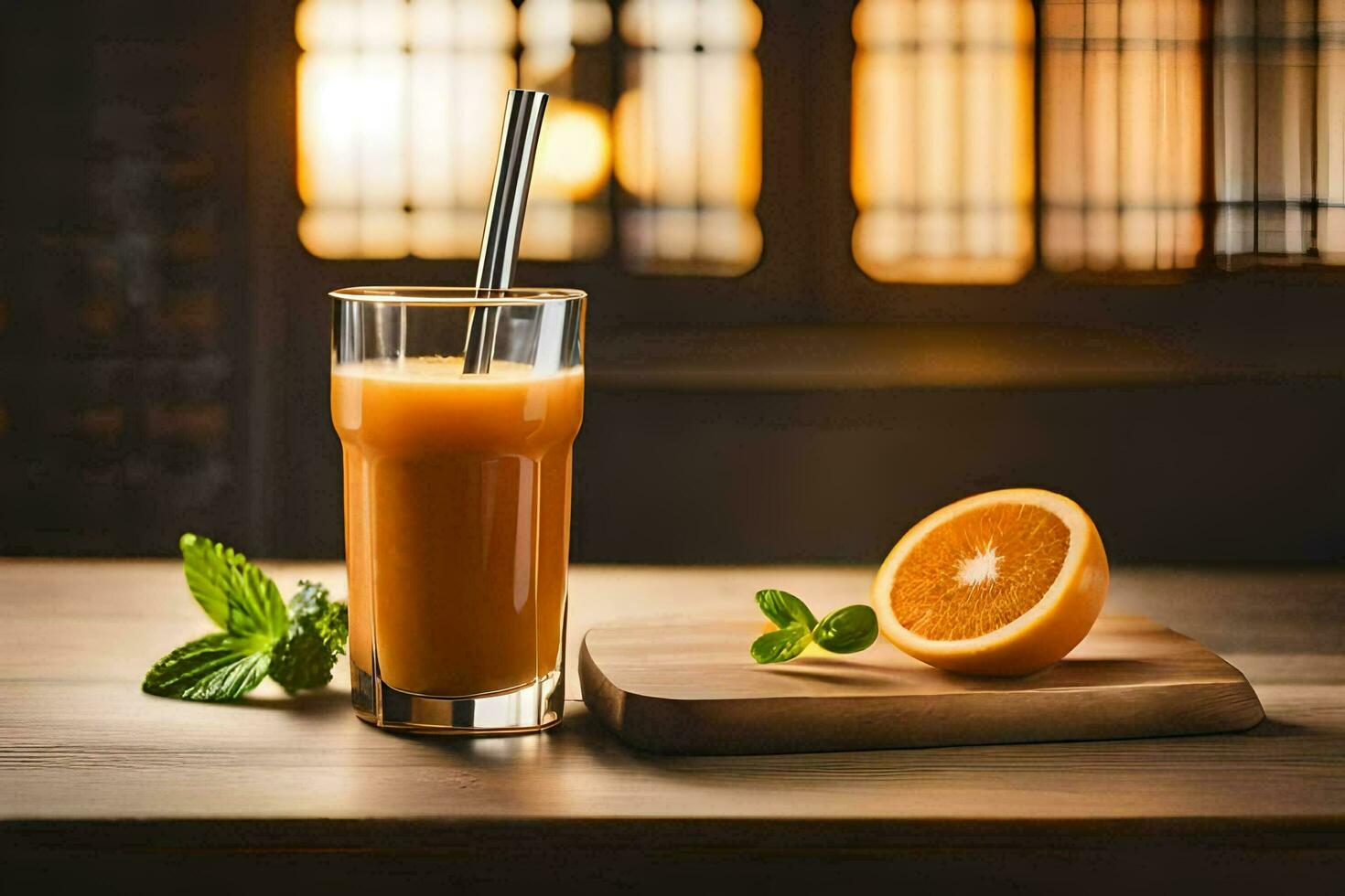 a glass of orange juice with a straw and mint leaves. AI-Generated photo