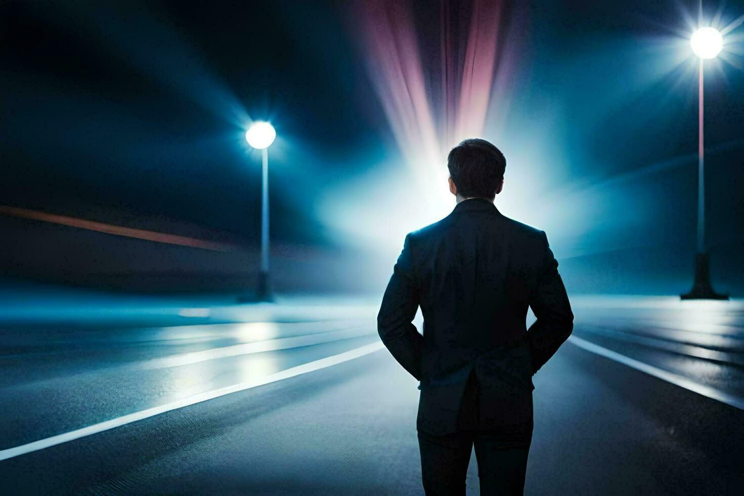 a man in a suit stands on a road at night. AI-Generated photo