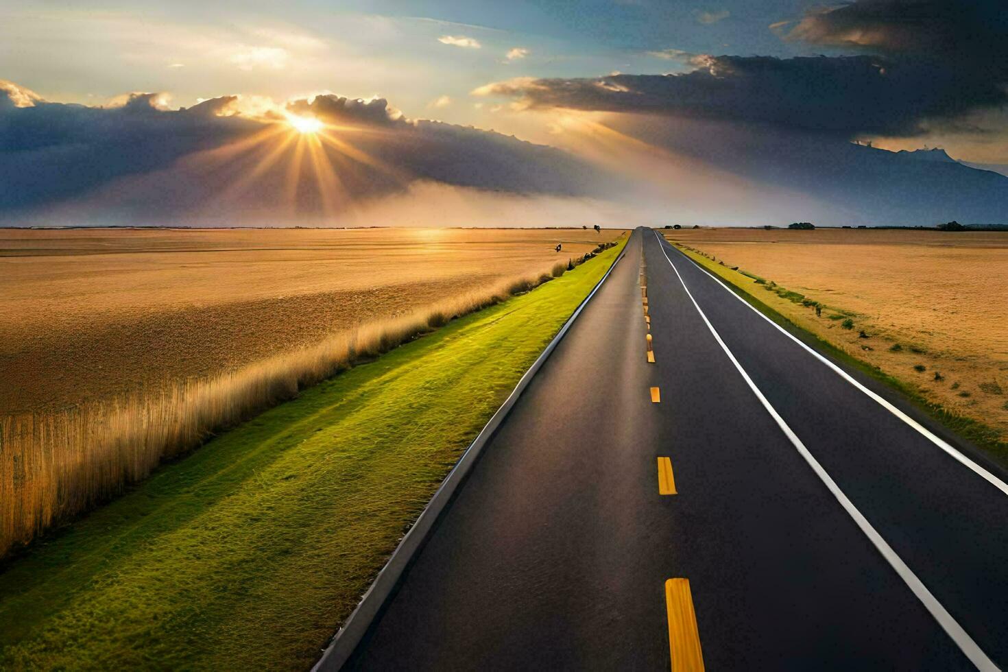 a long road with sun shining through the clouds. AI-Generated photo