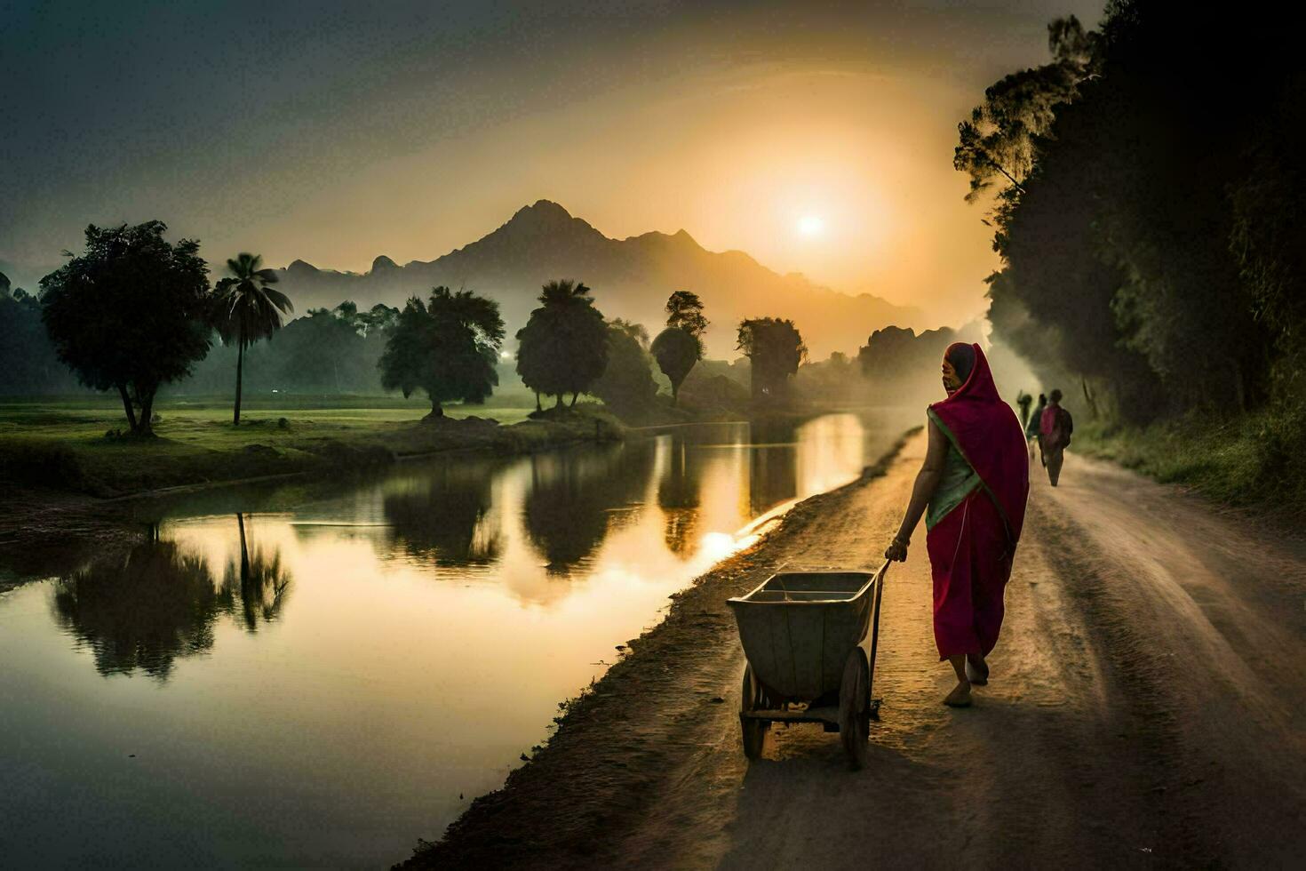 a woman in a red sari walks down a road with a cart. AI-Generated photo