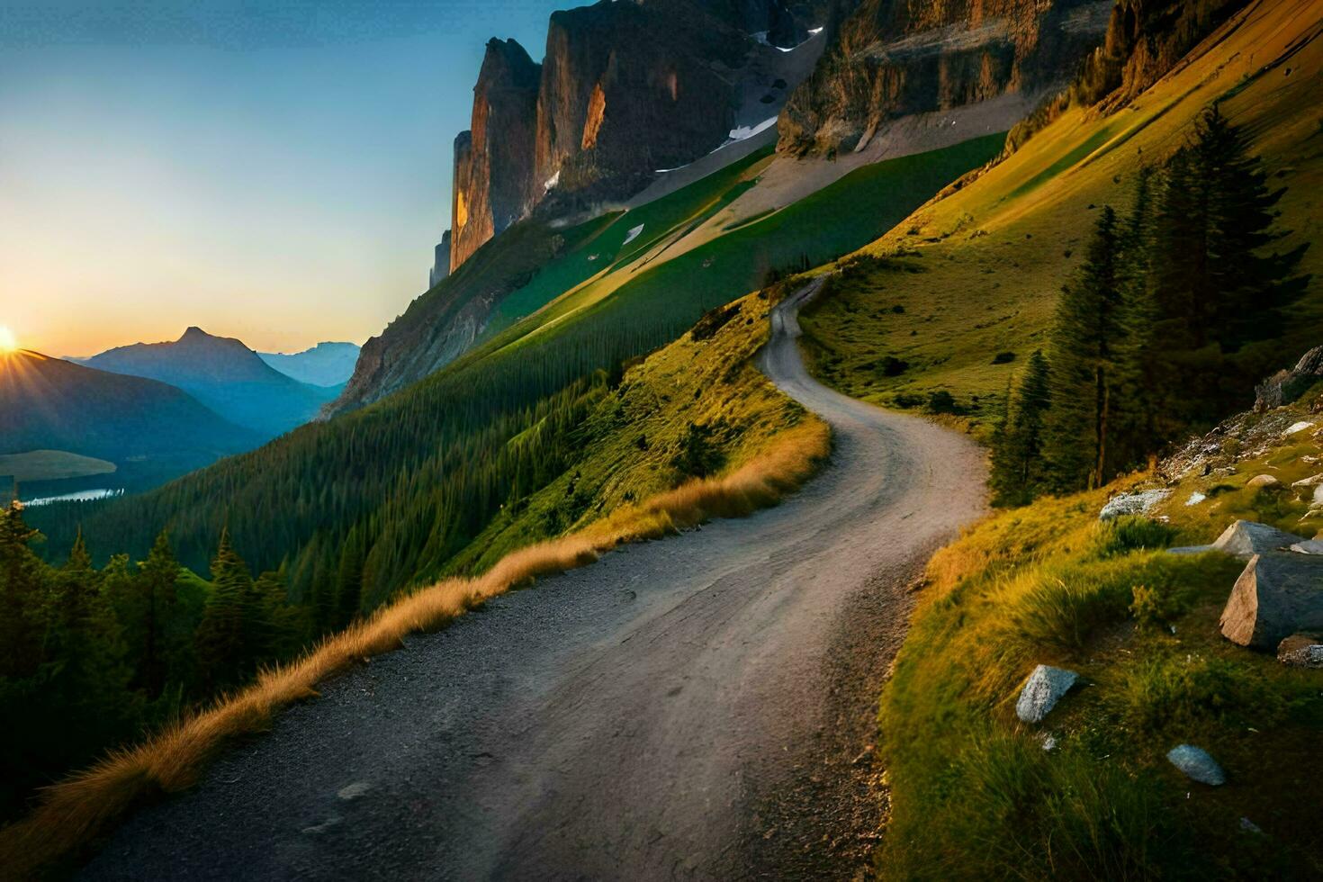 the sun rises over a mountain road in the dolomites. AI-Generated photo