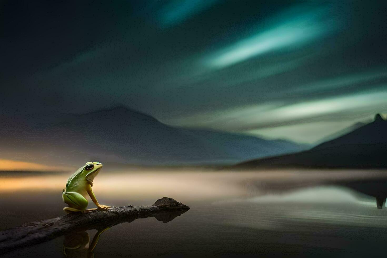 a frog sits on a log in front of a lake at night. AI-Generated photo