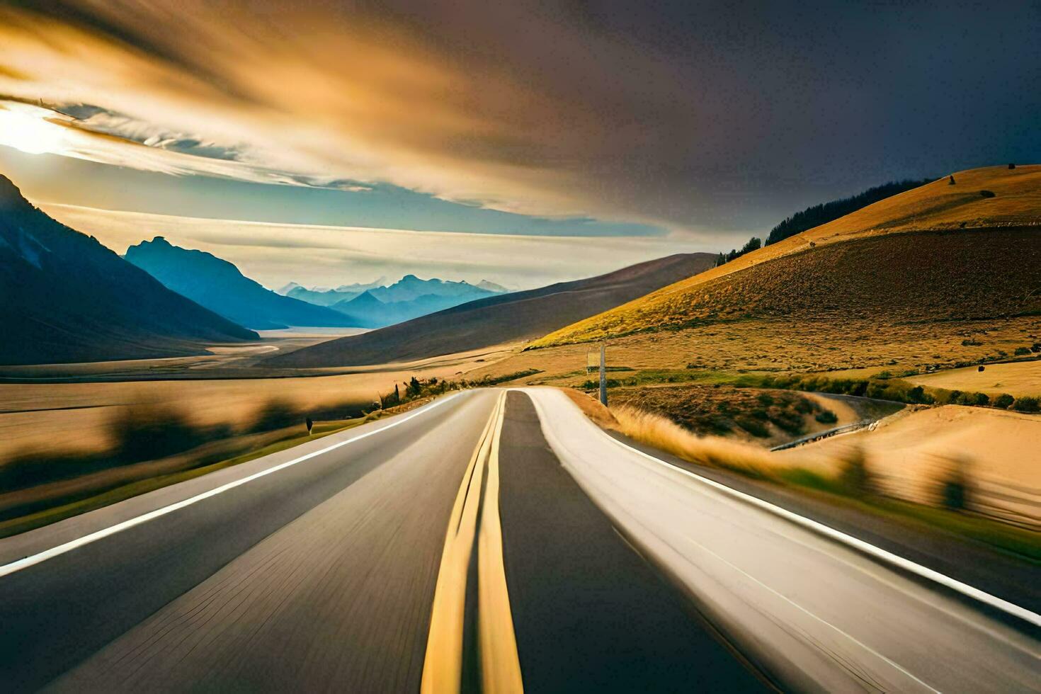 a long exposure photograph of a road in the mountains. AI-Generated photo