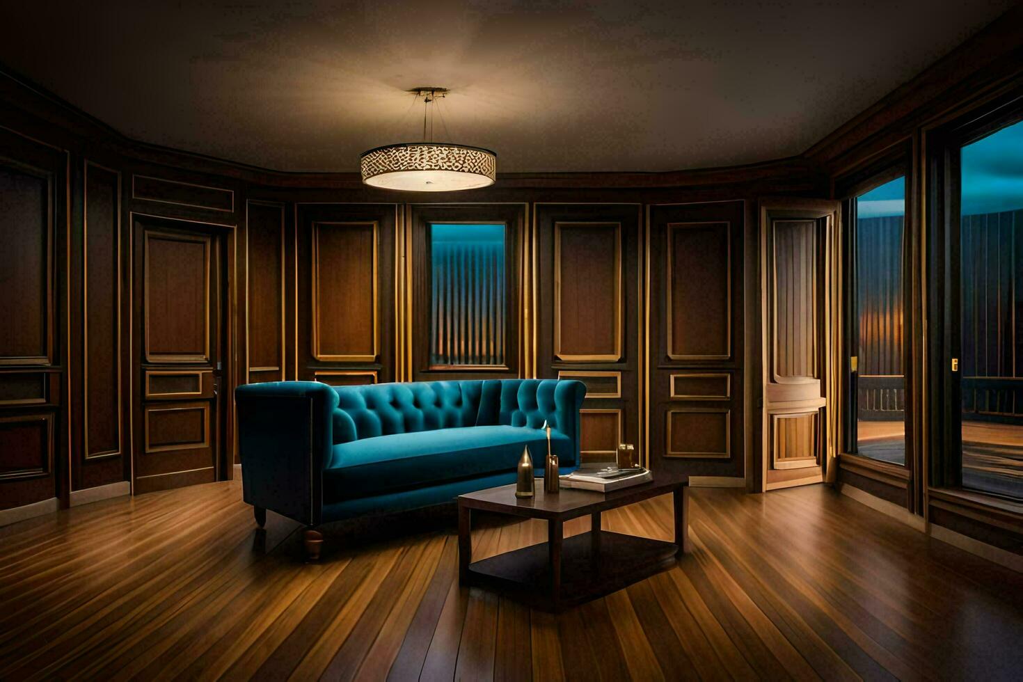 a blue couch sits in a room with wood paneling. AI-Generated photo