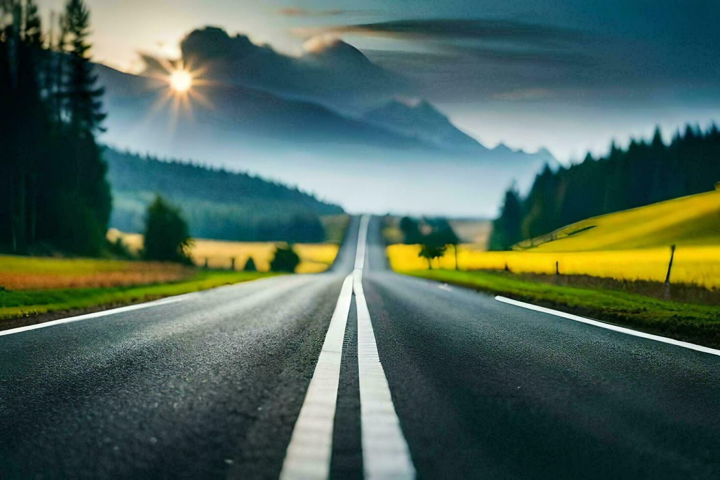 a long empty road with mountains in the background. AI-Generated photo