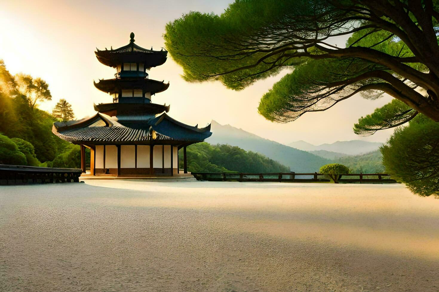 a pagoda sits in the middle of a field. AI-Generated photo