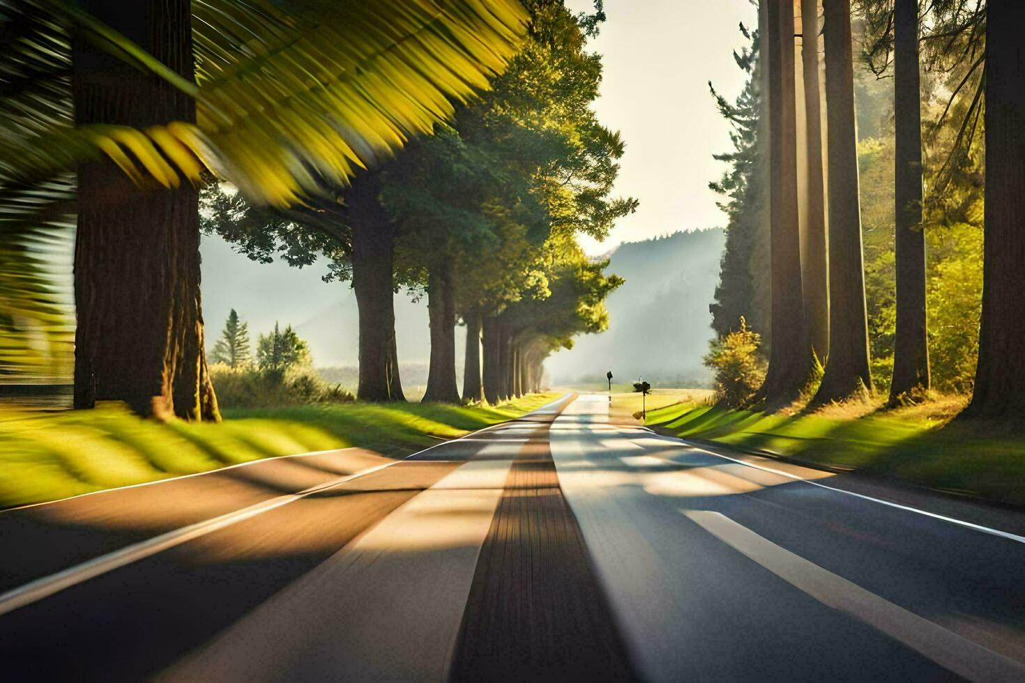 a long, empty road in the woods. AI-Generated photo
