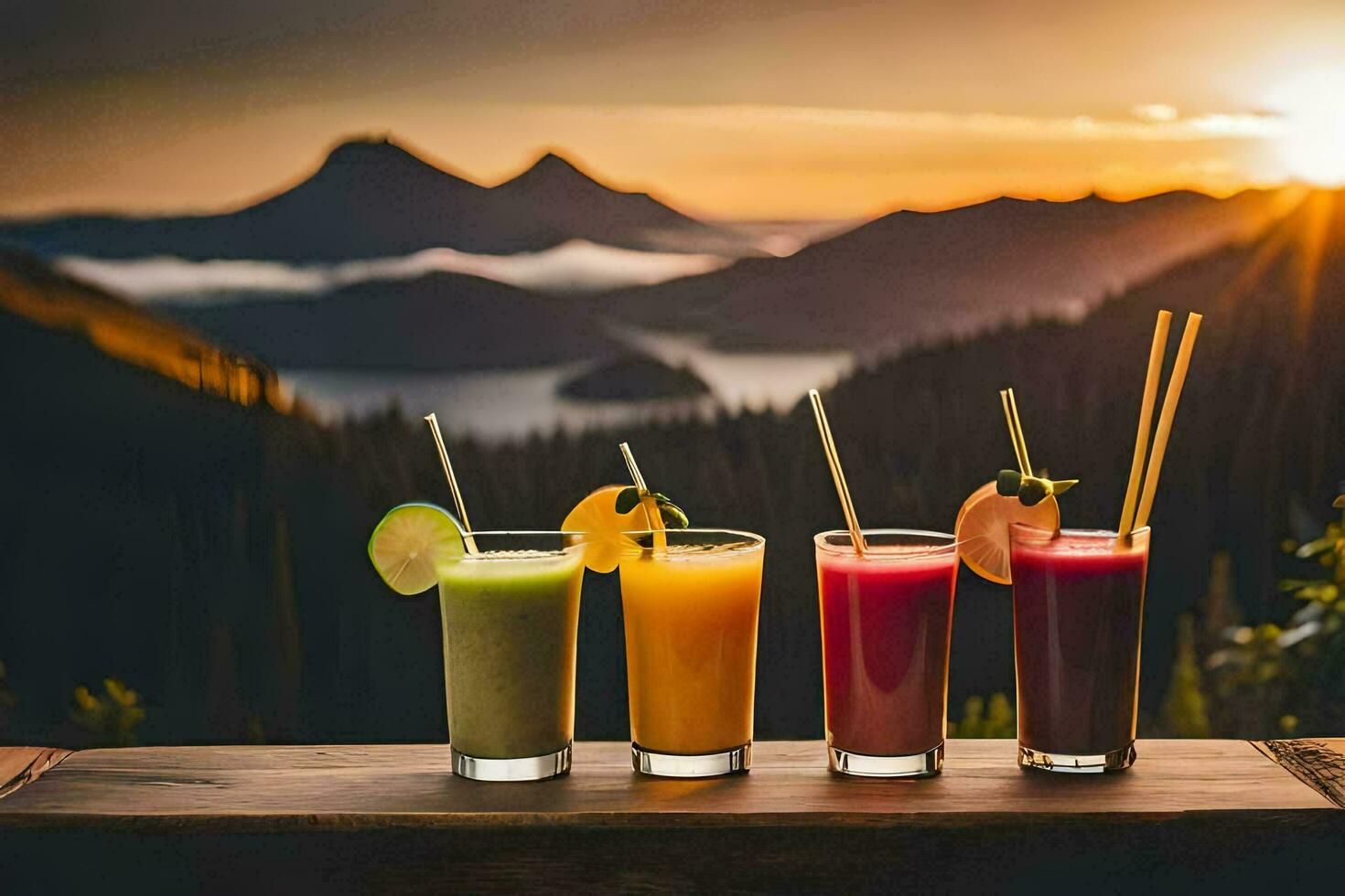 four glasses of juice with a mountain view. AI-Generated photo