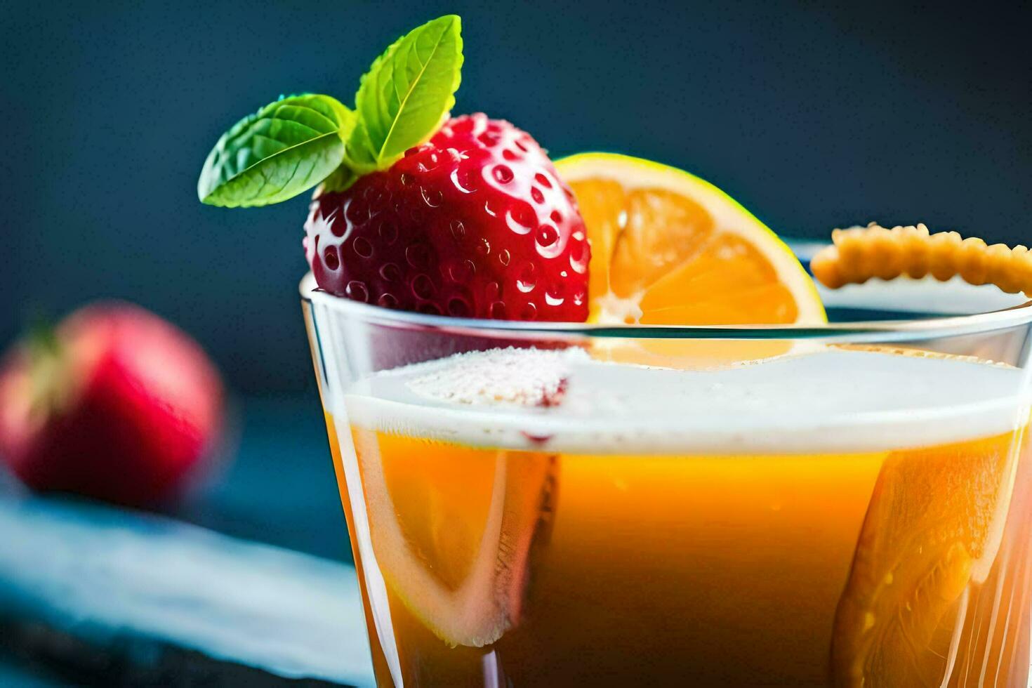 a glass of orange juice with a strawberry and mint. AI-Generated photo