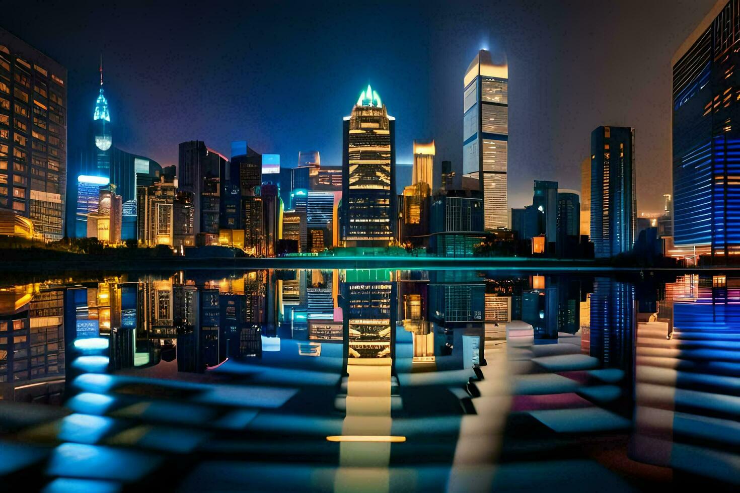 the city skyline is reflected in the water. AI-Generated photo