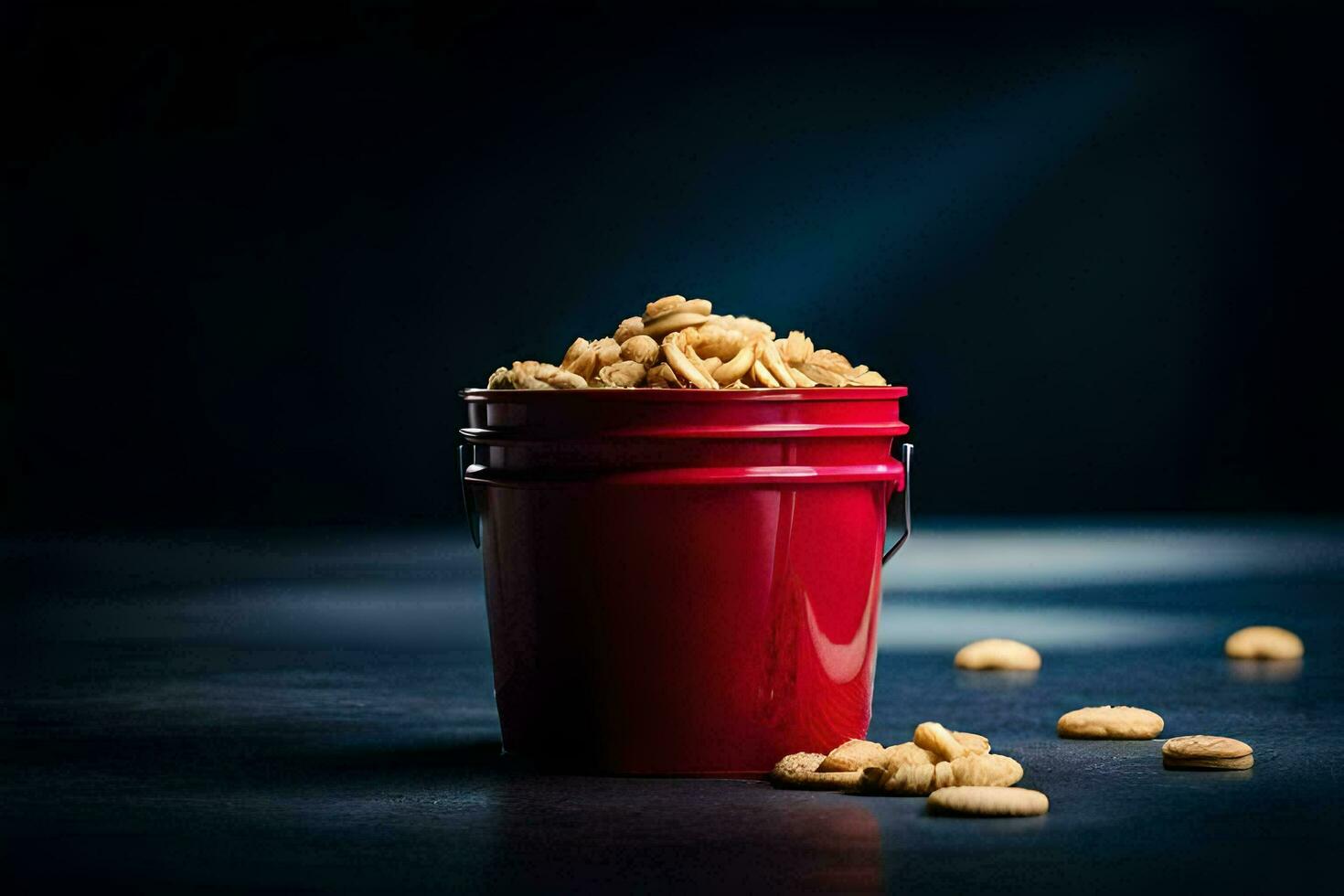 a red bucket filled with peanuts on a dark table. AI-Generated photo