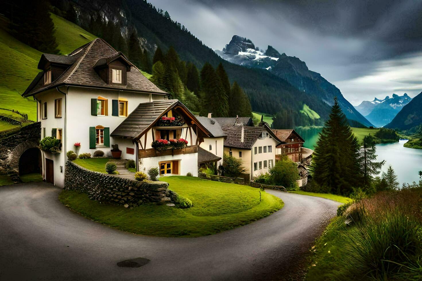 photo wallpaper mountains, house, lake, the road, the house, the lake, the house. AI-Generated