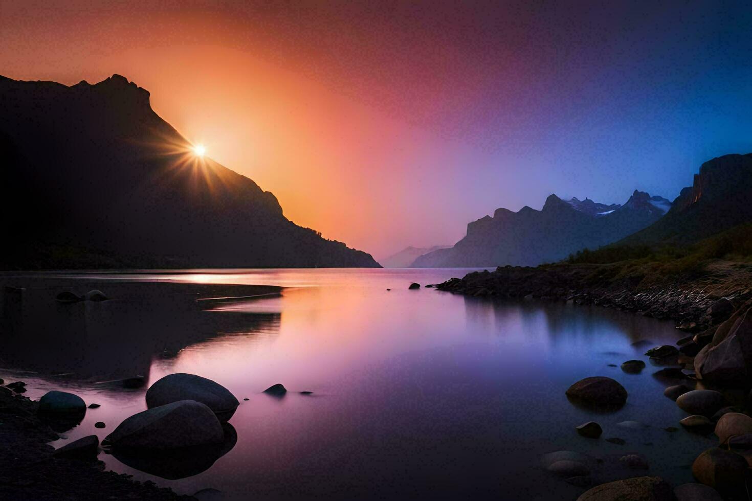 the sun rises over a mountain range and lake. AI-Generated photo