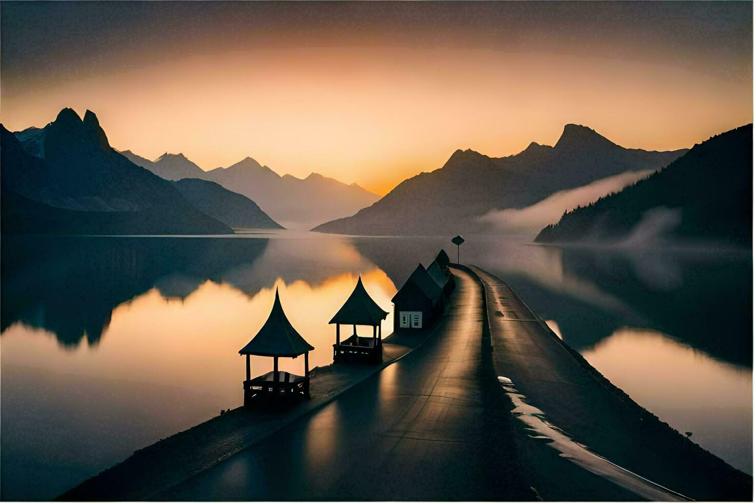 un lago con un la carretera y montañas en el antecedentes. generado por ai foto