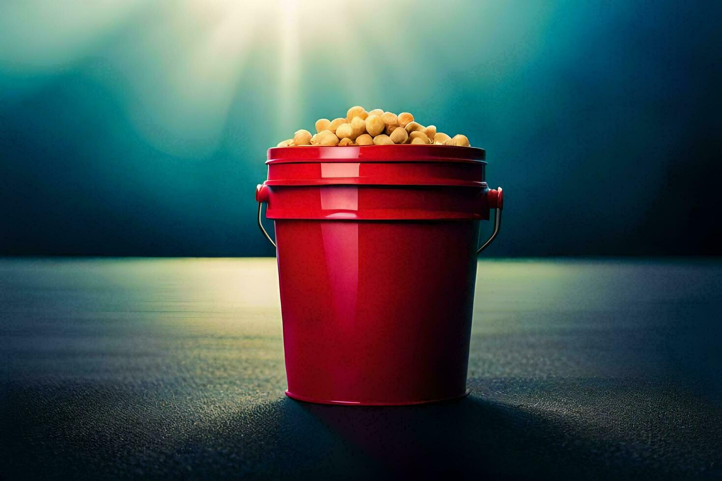 a red bucket filled with peanuts on a table. AI-Generated photo