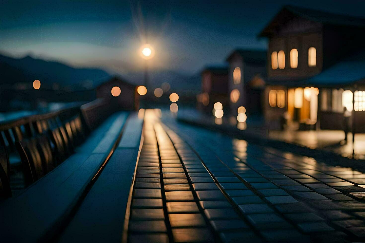 a long walkway with lights on it at night. AI-Generated photo