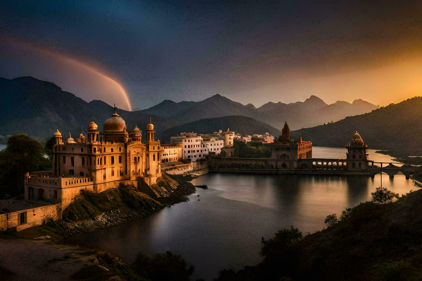 el puesta de sol terminado el lago y palacio en udaipur, India. generado por ai foto