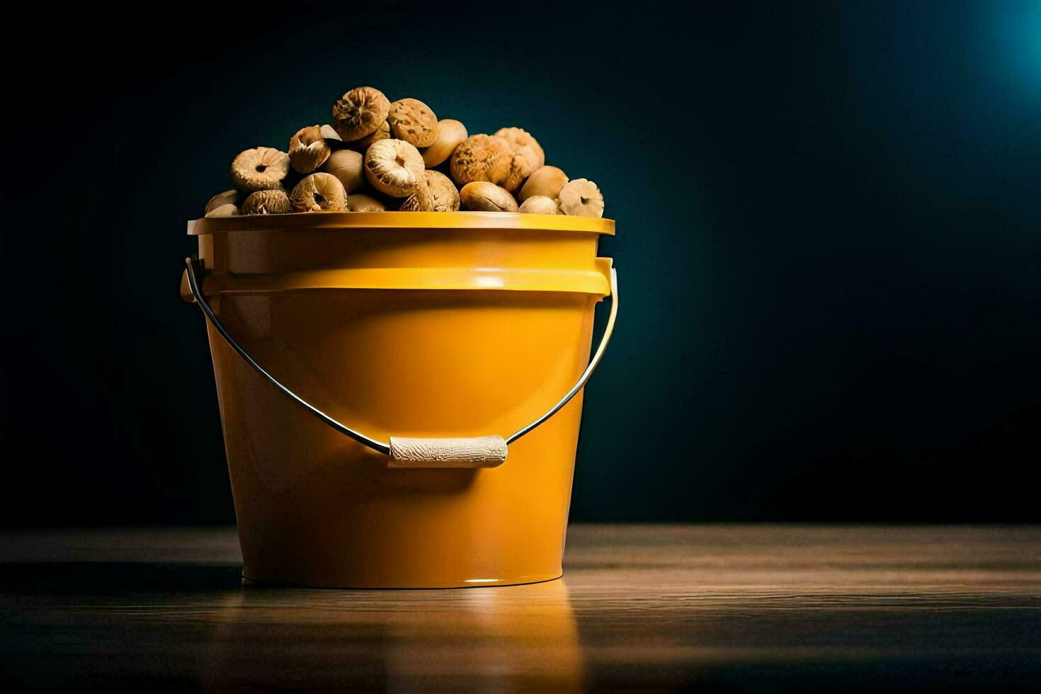 a bucket filled with nuts on a wooden table. AI-Generated photo