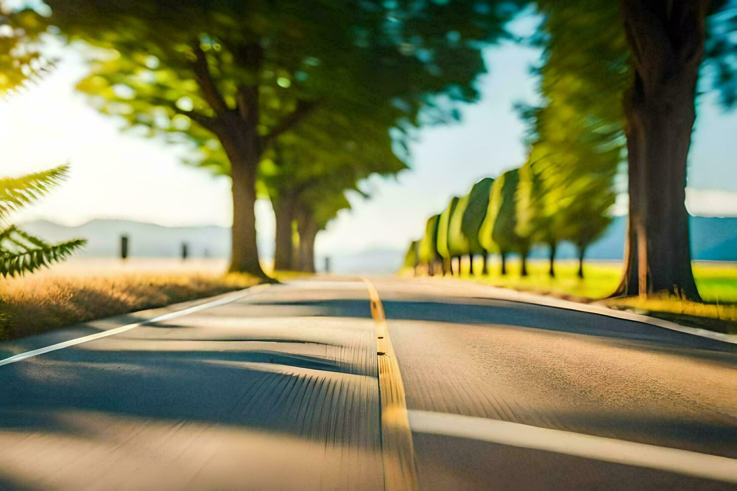 a road with trees and grass in the background. AI-Generated photo