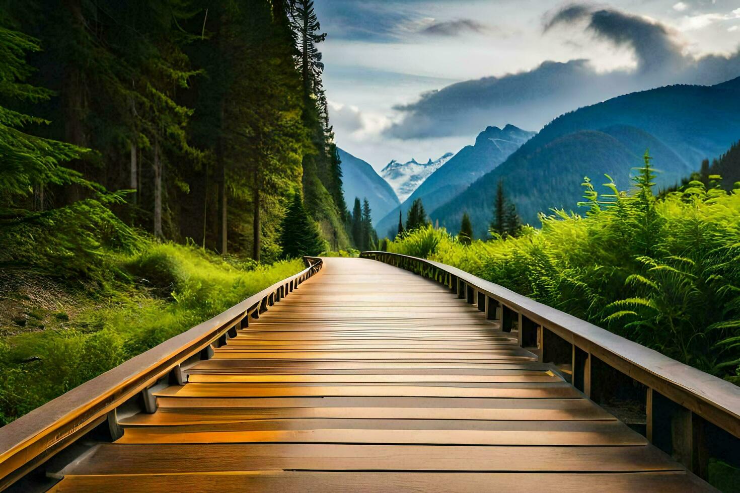 a wooden walkway leads to a mountain range. AI-Generated photo