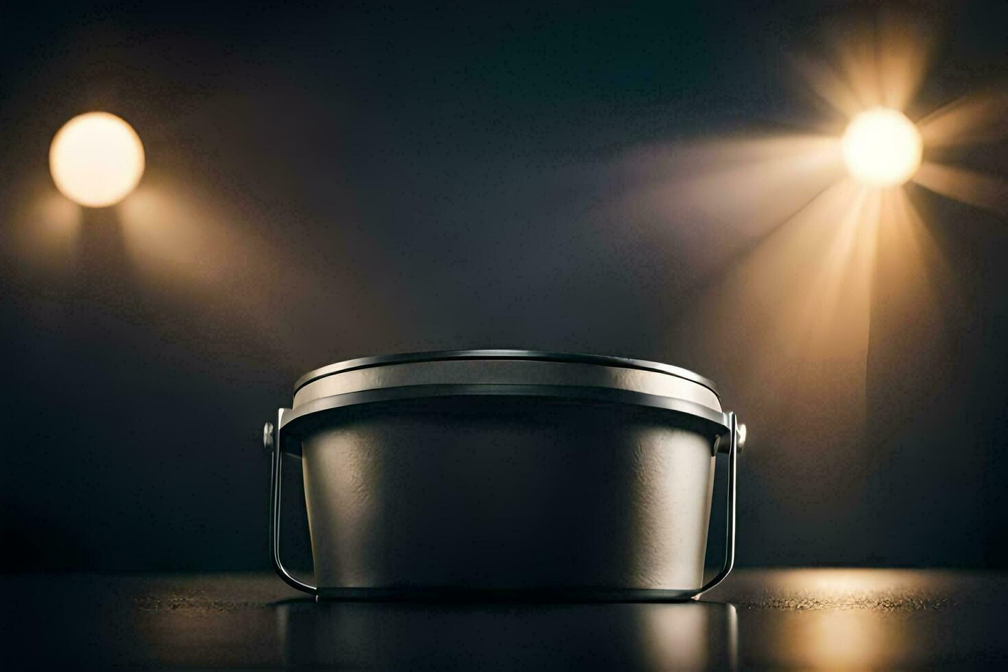 an empty metal bucket on a table in front of a spotlight. AI-Generated photo