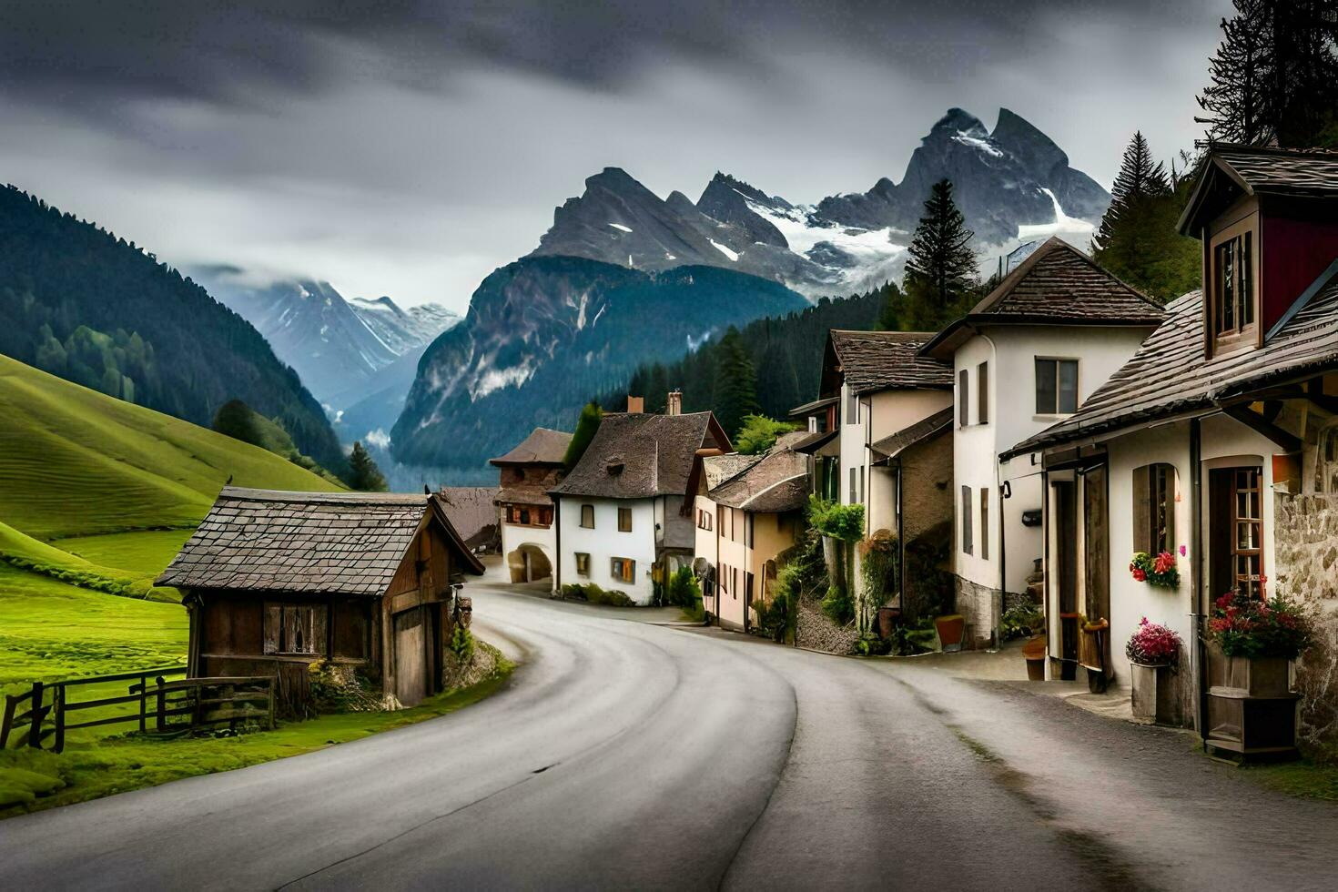 a road in the mountains with houses and mountains in the background. AI-Generated photo