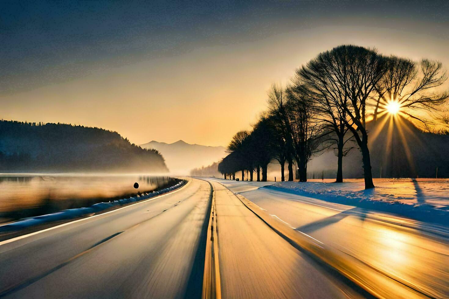 a long exposure photograph of a road in the snow. AI-Generated photo